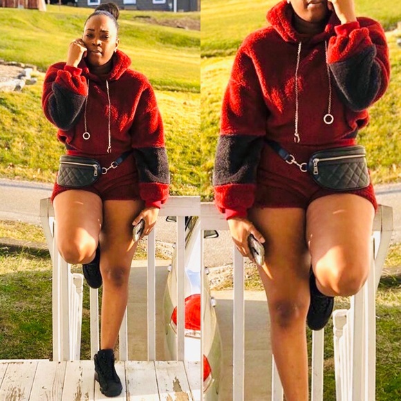 HELLO MISS PLUSH BURGUNDY HOODIE SWEATER & SHORTS SETS - Picture 3 of 11